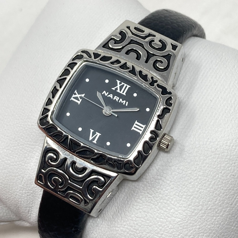 Narmi Cuff Watch Women 27mm Silver Tone Black Filigree Hinged New Battery 6.5"